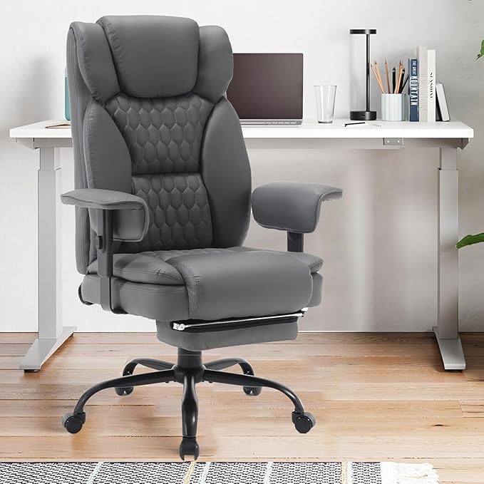 Reclining Office Chair with Footrest, 400Lb Big Tall Office Chair with Lumbar Support Pu Leather Computer Swivel Executive Chairs for Adult, High Back Recliner Office Desk Chair,Grey