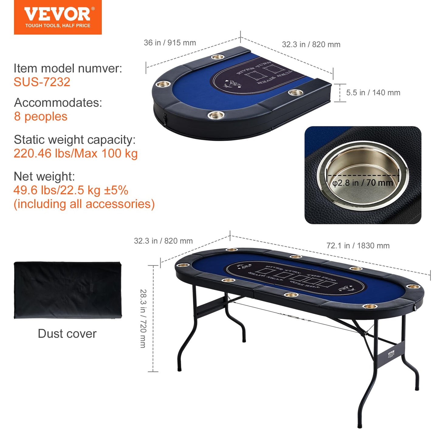 VEVOR 8 Player Poker Table Foldable, Portable Folding Card Board Game Table, Casino Leisure Table, Blackjack Texas Holdem Table with Padded Rails and Stainless Steel Cup Holders,Blue (72 in)