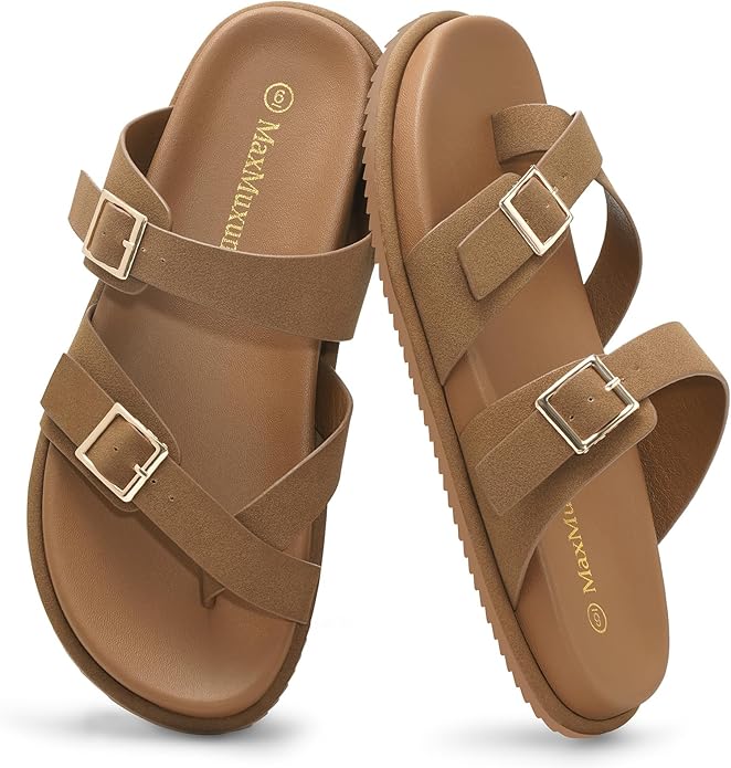 MaxMuxun Women's Slip On Slide Sandals for women 2026, Comfortable Flat Sandals with Adjustable Strap for Outdoor, Beach a...