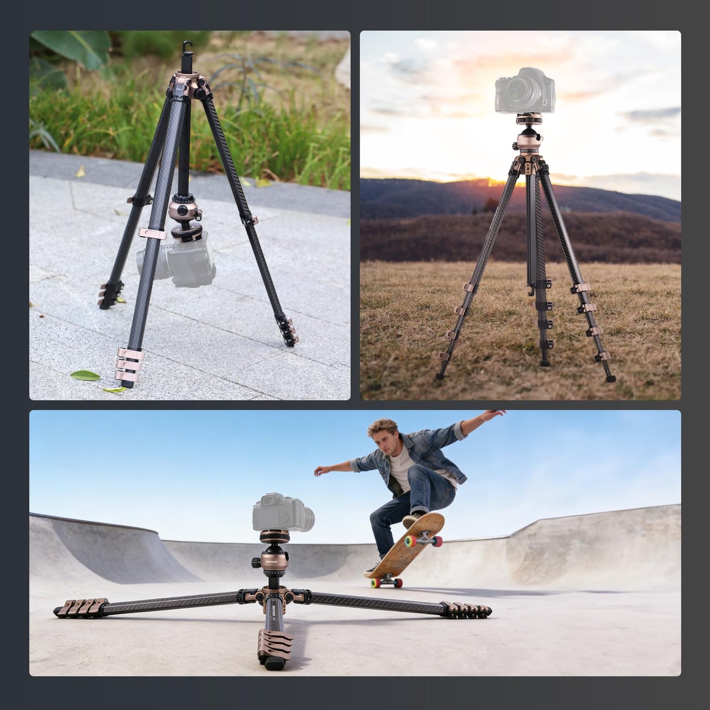 NEEWER LITETRIP Carbon Fiber Travel Tripod with Pan Tilt Low Profile Ball Head,62.4" DSLR Camera Phone Holder Stand Compatible with PD V3 Plates iPhone, 2 Center Columns,Max Load 22 lb, LT39