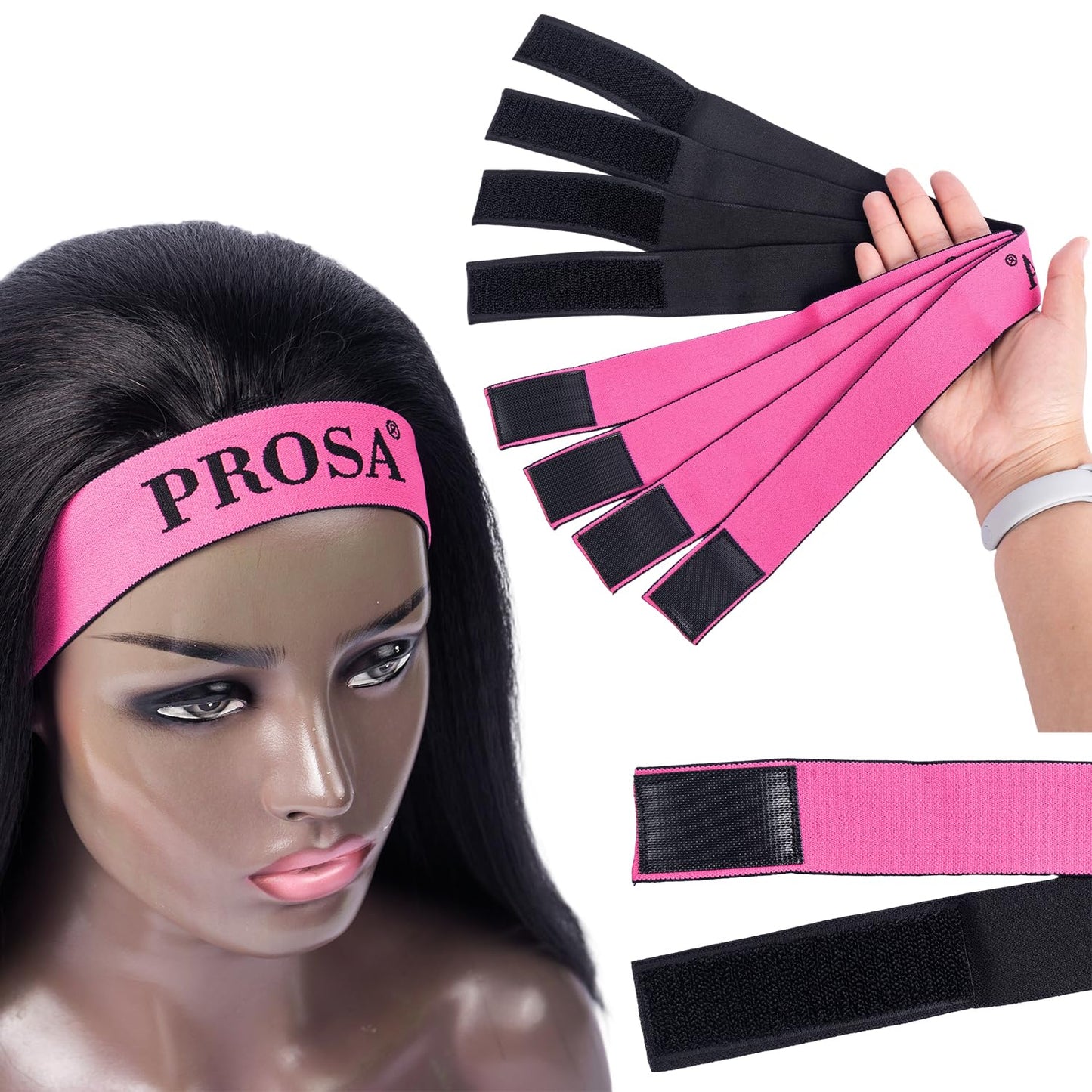 Wig Band for Lace Front 4 Pack Elastic Bands, Two-Sided Design Wig Grip Band for Women Hair, Fashion Hair Accessory. (rosa red,