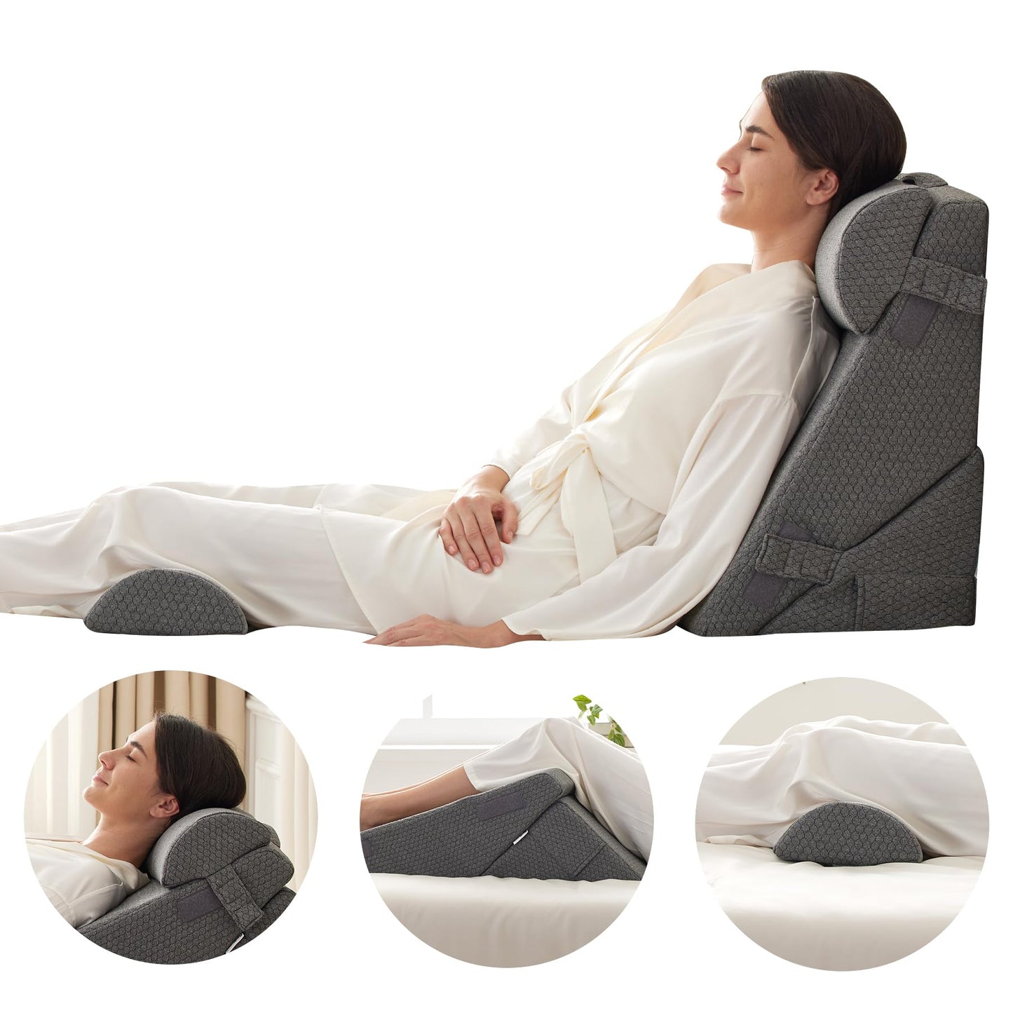 Bedluxe Adjustable 4pcs Bed Wedge Pillow Set, Memory Foam Wedge Pillow Post Surgery for Back, Neck, Leg Pain Relief, Pillow Wedge for Sleeping, Sitting up in Bed, Acid Reflux and GERD, Dark Grey