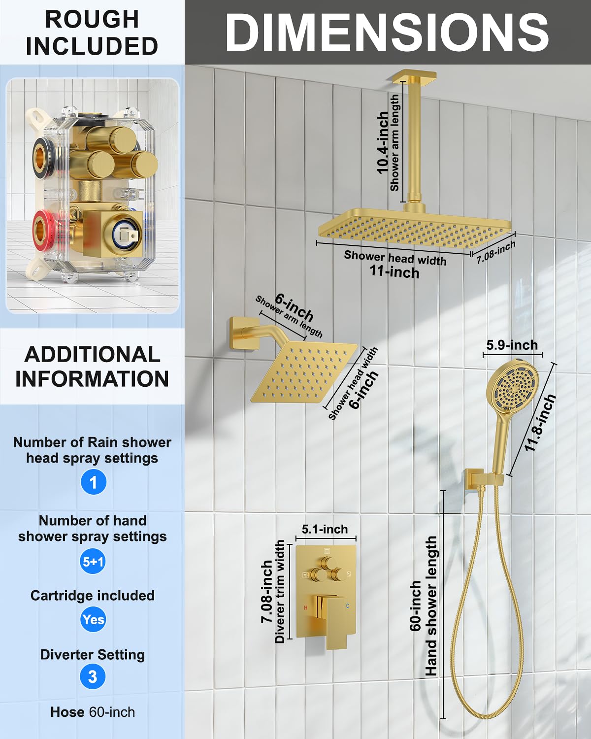 KOJOX Brushed Gold Dual Shower Head System – 11" Ceiling Rainfall + 6" Wall Mount Heads, 6-Mode Handheld Spray, Push-Button Diverter Faucet Set