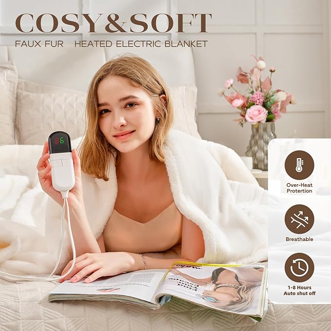 Premium Heated Throw Blanket 50"×60" - Ultra Cosy Soft Electric Blanket with 8 Heating Levels,Plush Fast Heating Faux Rabbit Fur Blanket for Bed & Couch - Auto Shut Off,Machine Washable (Beige)