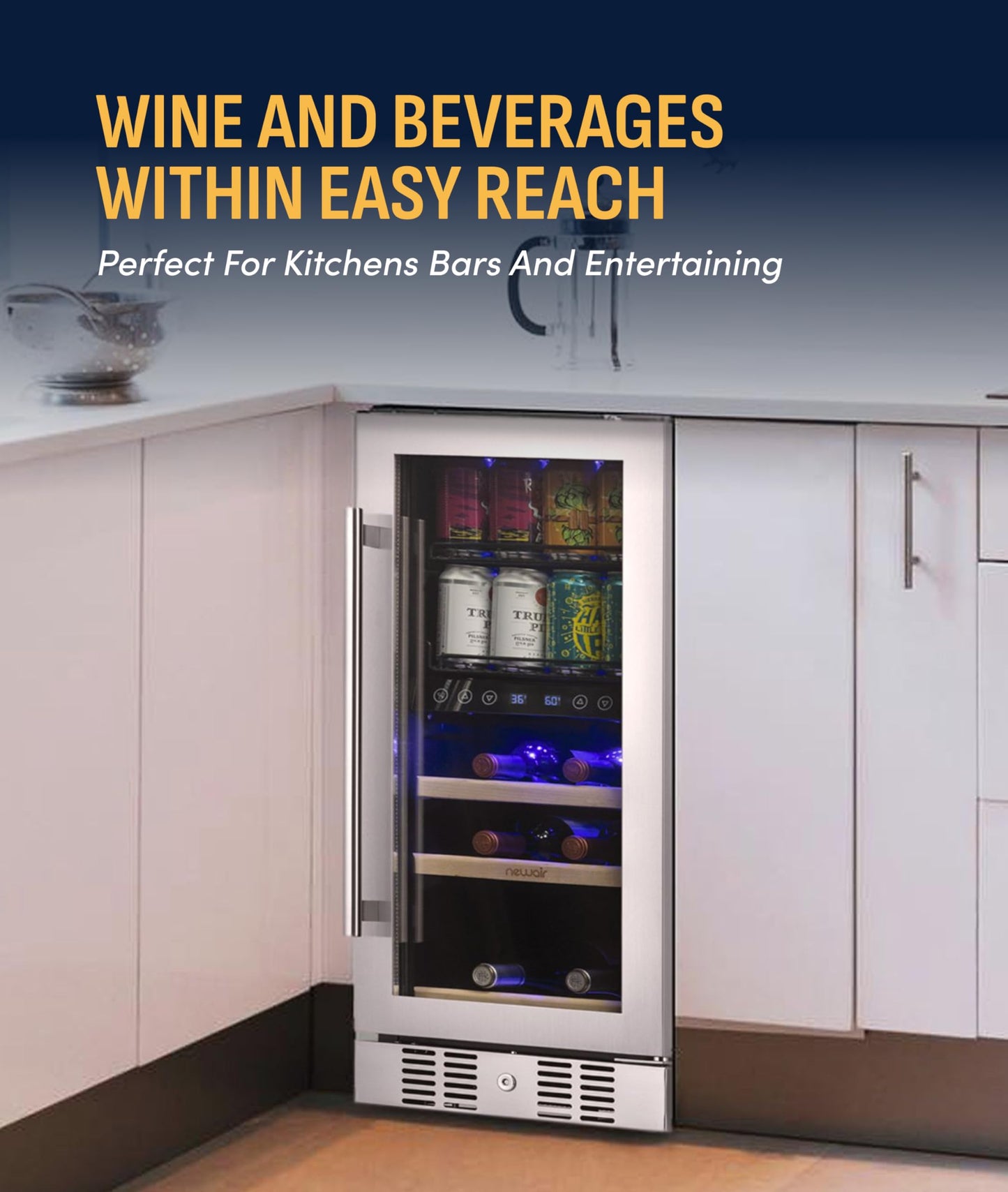 NewAir 15" Dual Zone Beverage Refrigerator & Wine Cooler for 9 Bottles & 48 Cans | Freestanding or Built-In Under Counter Mini Fridge for Beer, Wine and Soda | Stainless Steel