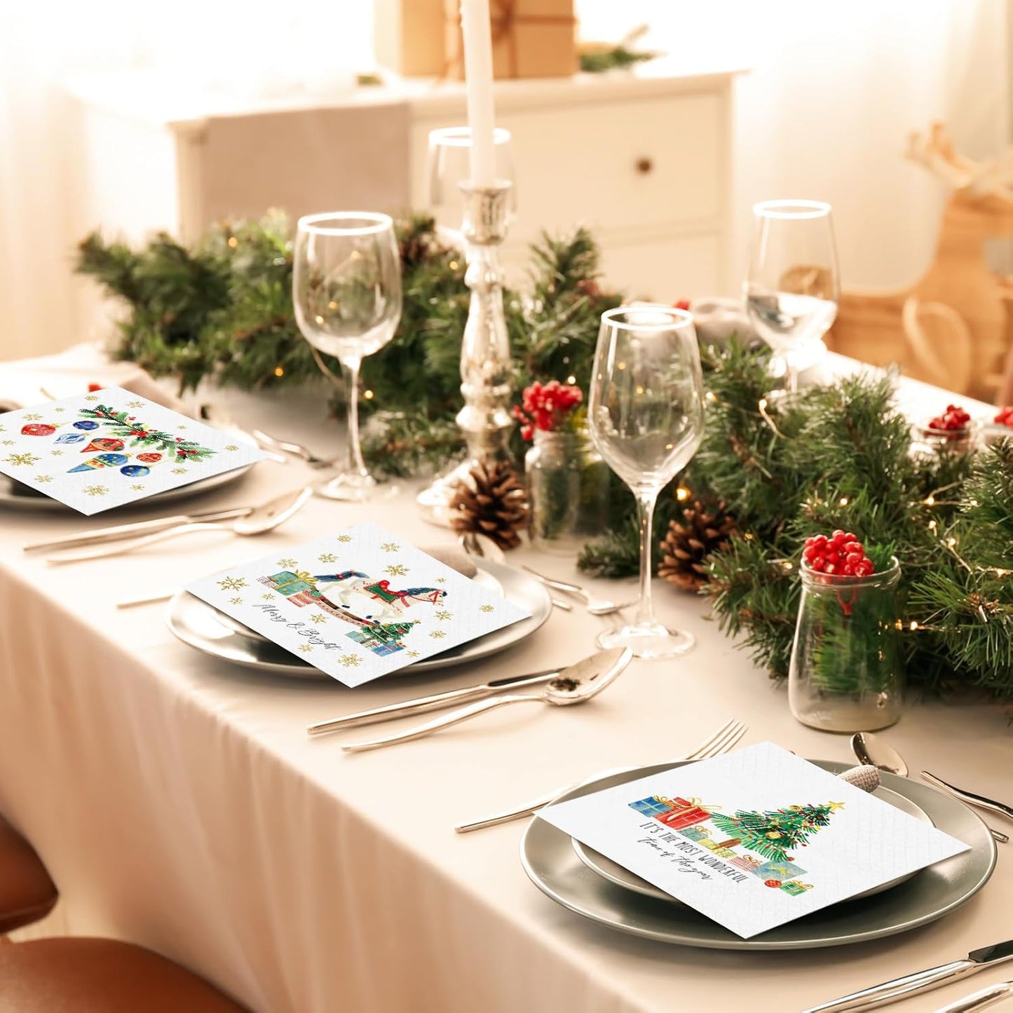 Janlaugh 200 Pcs Christmas Paper Cocktail Napkins Disposable 2 Ply Xmas Style Decoupage Beverage Napkins for Xmas Holiday Winter Dinner Table Decor (Lovely Style)