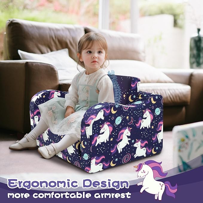 MeMoreCool Kids Folding Couch – Purple Unicorn Toddler Chair, Fold-Out 2-in-1 Sofa Bed Comfy Foam Seating, Washable Cover, Armrests & Side Pocket for Playroom or Nursery Ages 1–3