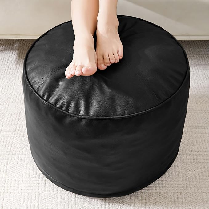 HIGOGOGO Round Stuffed Pouf Ottoman, Pu Leather Poufs with Foam Chunk Filling, Furry and Fluffy Pouf Foot Stool Storage Ottoman, 20 X 15 Floor Poufs Foot Rest for Living Room, Black