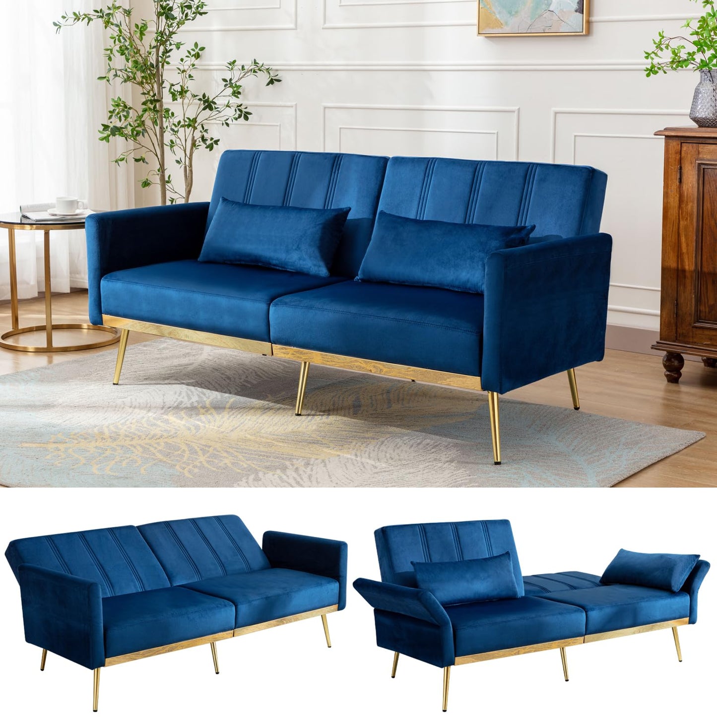 dannratch Futon Sofa Bed Velvet Convertible Sleeper Sofa Tufted Couch Bed with Adjustable Armrests and Backrest, Modern Loveseat Sleeper Bed with 2 Bolster Pillows for Living Room, Bedroom, Blue