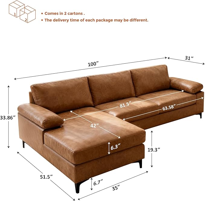 VANOMi Faux Leather Couch for Living Room, 100" Sofa & Couches with Convertible Chaise 3-Seater Modern Sectional Sofa for Apartment, Corner, Office, Right/Left-L-Shaped, Brown