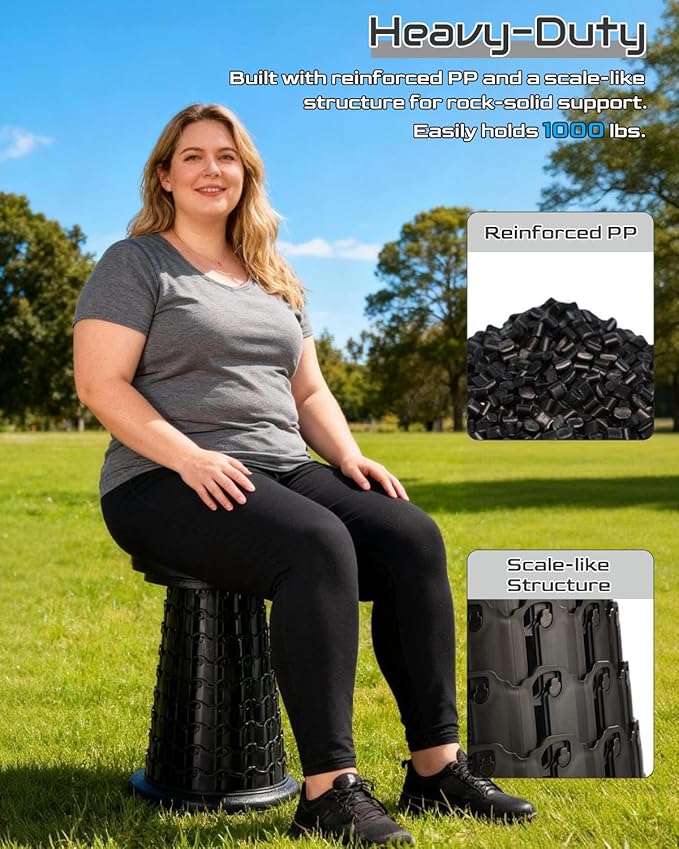 Spisces 2025 Heavy Duty XXL Collapsible Stool | 1000lbs Capacity, 20-in Taller & 13-in Wider Foldable Retractable Telescoping Stool for Adults, Oversized Camping, Fishing, Concert, Event, Stadium