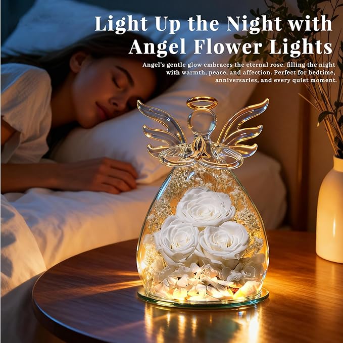 Beferr Valentines Day Rose Gifts for Her Women Mom Gifts for Birthday, Fresh Flowers for Delivery Forever Preserved Rose in Glass Angel Figurine, for Grandma Wife Daughter Girlfriend
