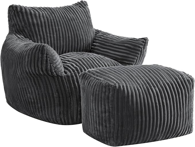 JULY'S SONG Bean Bag Chair with Ottoman for Adults, Fluffy Grey Lazy Couch Sofa Chair with Armrests for Living Room, Bedroom & Dorm