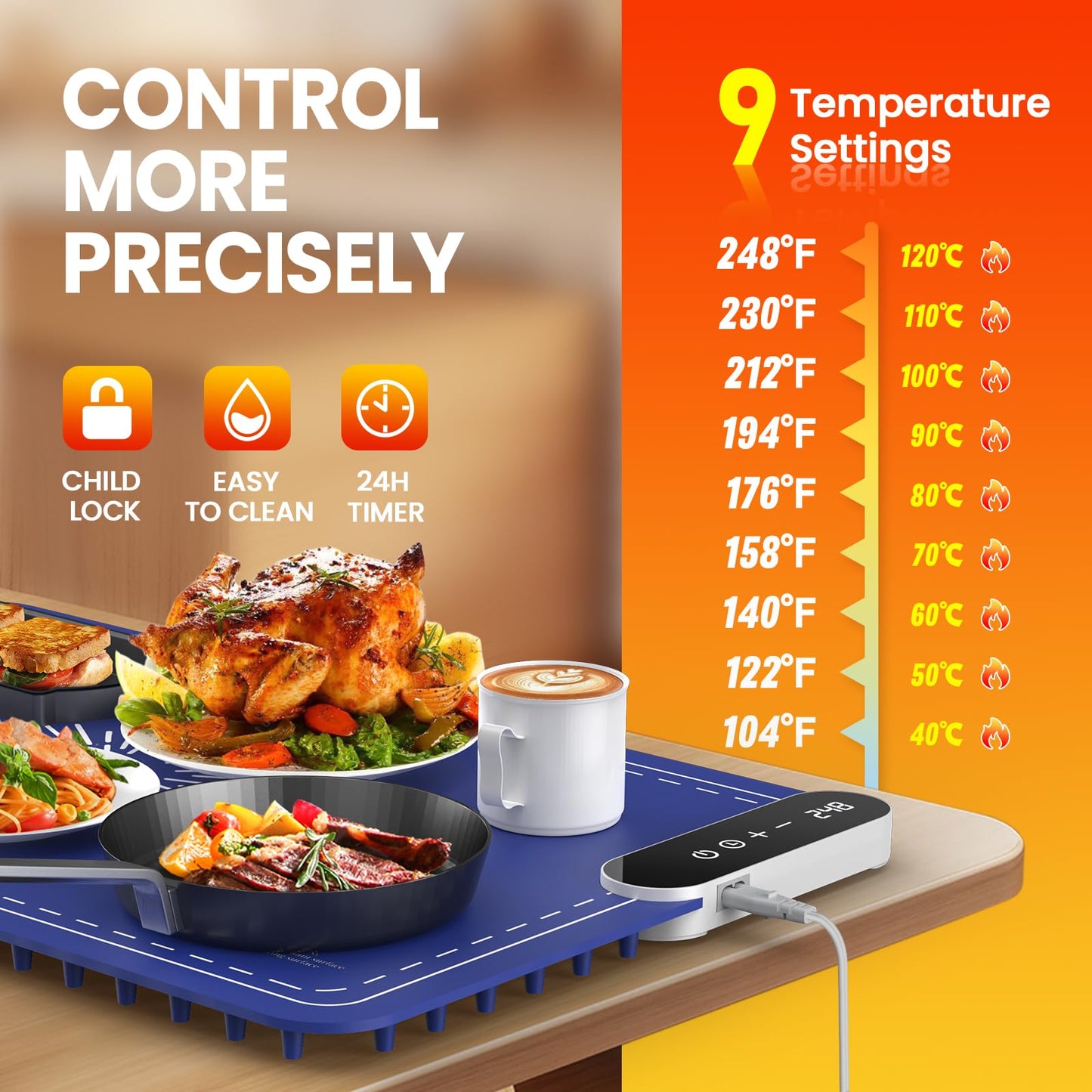 Warming Mat for Food, Upgrade 248℉ Food Warming Mat, Electric Warming Tray with Insulation Pad and 9-Level Temperature, Silicone Heating Mat for Buffets, Party, Gatherings, Everyday Use (Large)