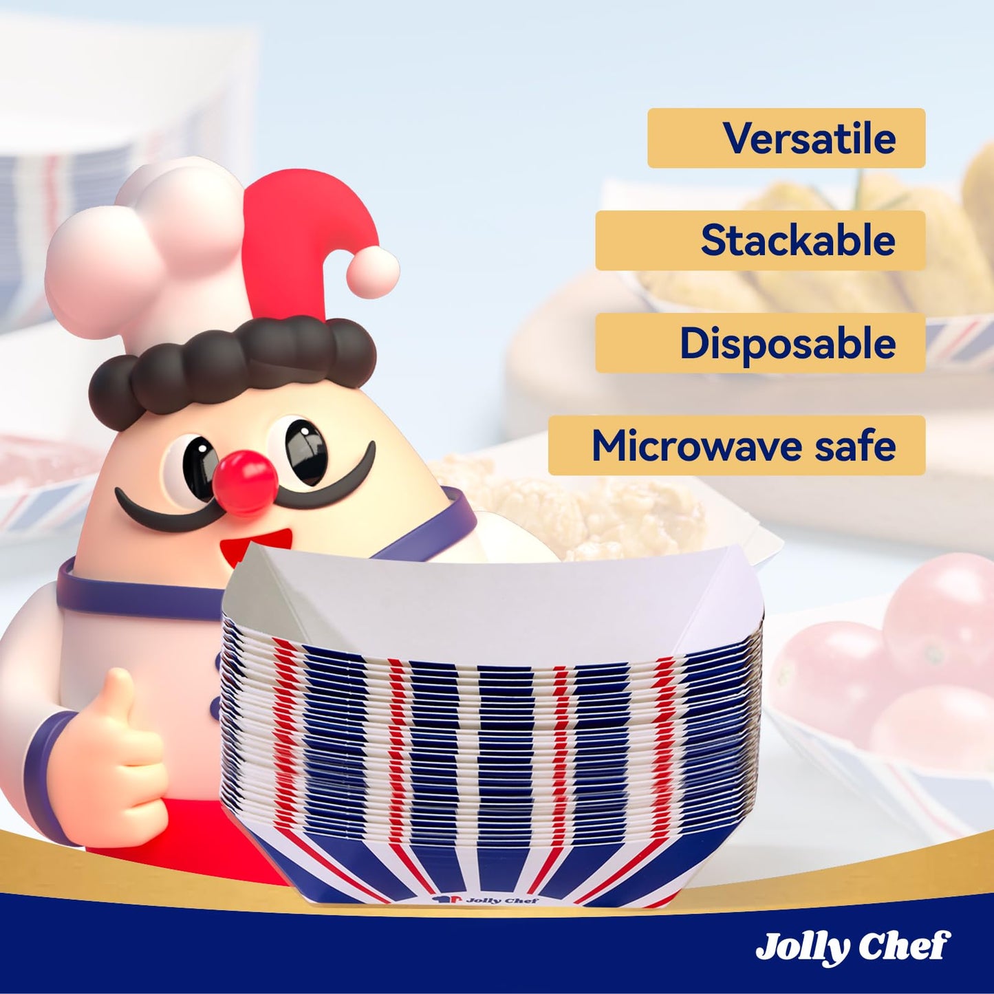 JOLLY CHEF Disposable Paper Food Trays, 250 Count - 3lb Serving Boats for Gameday,Paper Food Boats for Hot Dogs, Fries & Party Snacks