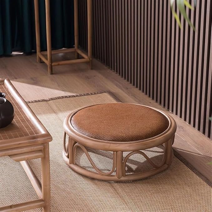 Rattan Low Stool, Hand-Woven Round Rattan Cushion, Meditation Floor Mat, Vintage Futon Cushion, Yoga Cushion, Suitable for Bedroom, Balcony(Brown,40 * 10cm/15.7 * 3.9in)
