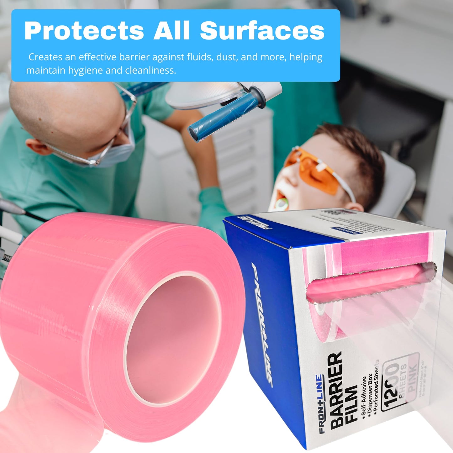 Frontline Dental Barrier Film Roll 4" x 6" Medical Grade Surface Protection Easy Peel Residue Free Tape with 1200 Perforated Sheets for Dental, Medical, Tattoo, and Beauty (Pink)
