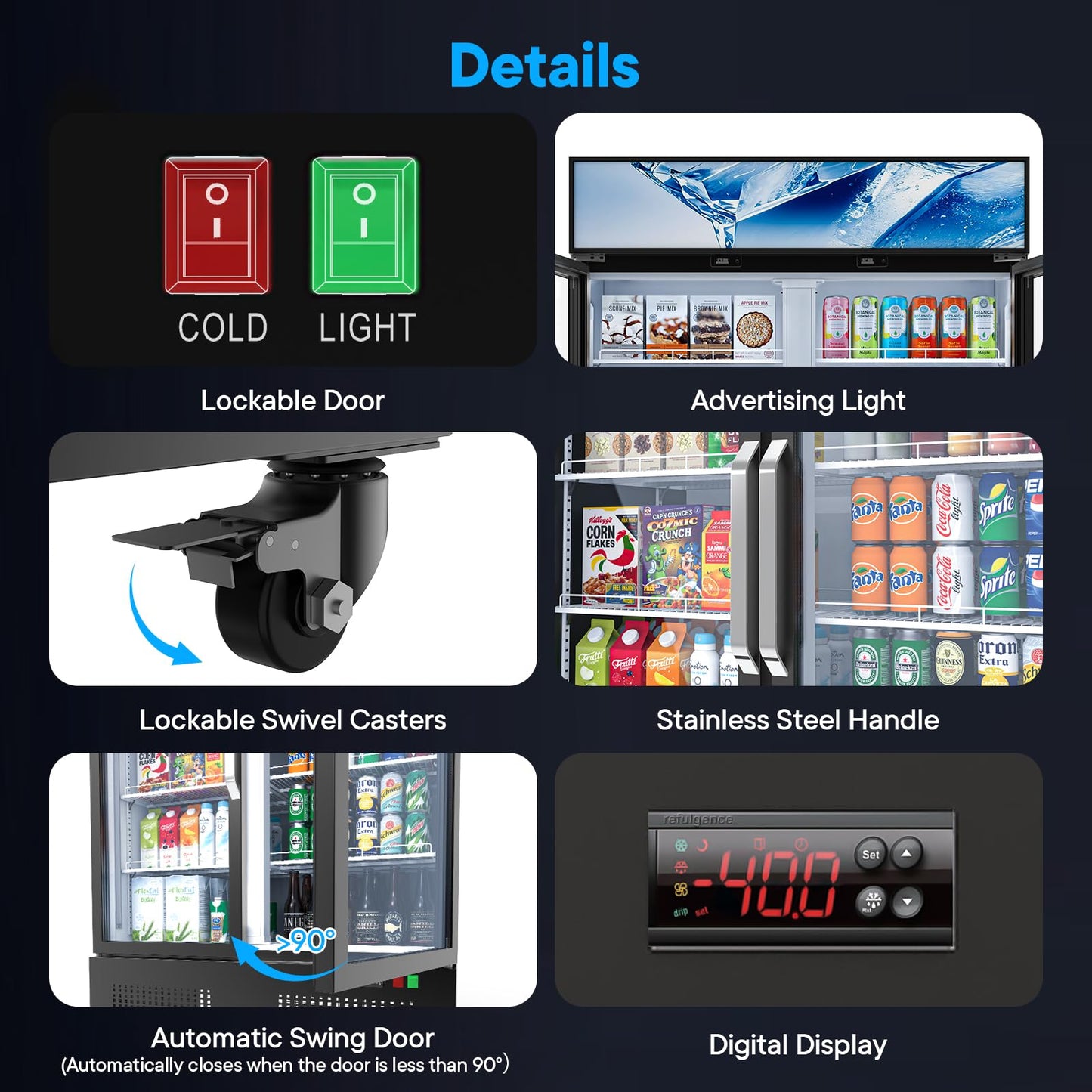 35 Cuft ETL & DOE Certified Commercial Merchandiser Refrigerators 2 Doors,Upright Business Display Retail Fridge Cooler with Adjustable Shelves,Built-in LED Light,Lightbox,Lockable Double Doors,Black