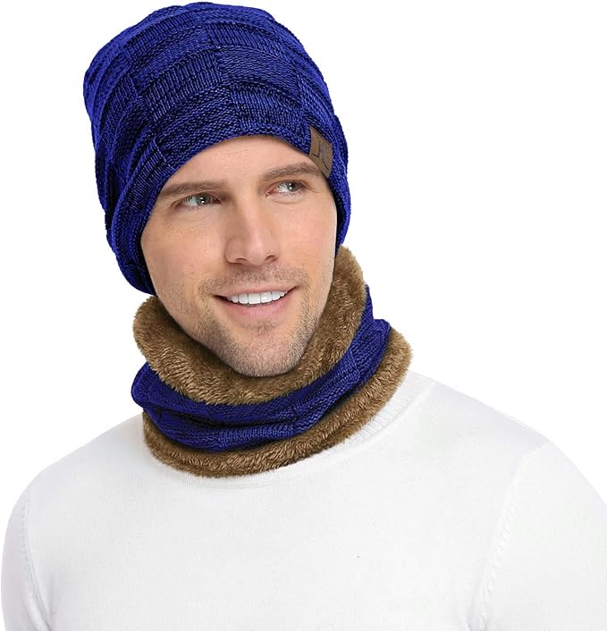 Mens Winter Beanie Hats Scarf Set Warm Knit Skull Cap Neck Warmer with Fleece Lined Winter Hat for Women