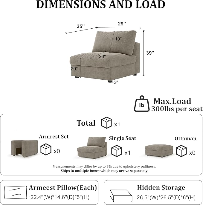 Cloud Modular Sectional Sofa Couch with Storage Ottoman, Oversized Sectional Couches for Living Room, Single Seat, Chenille, Light Gray