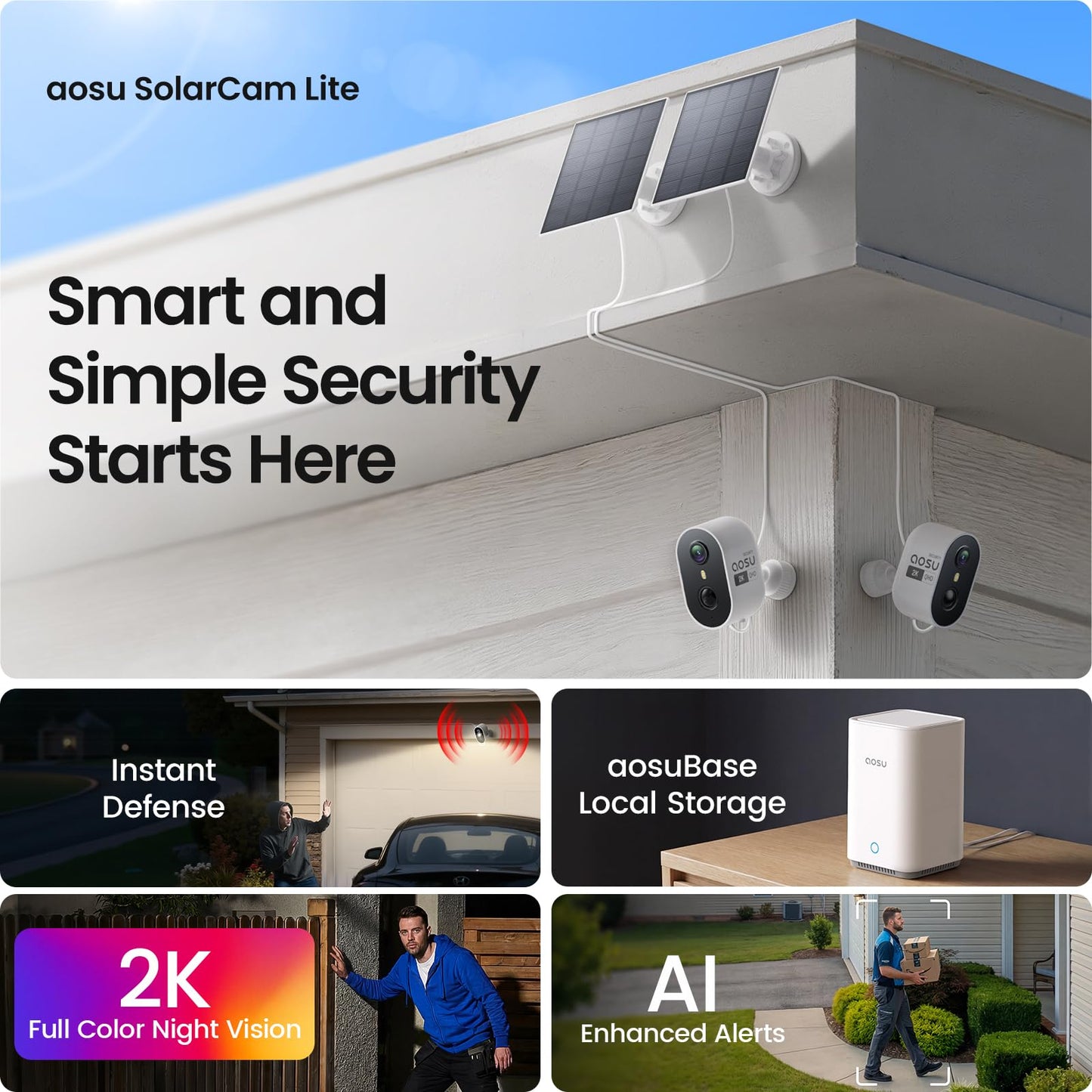 aosu Solar Security Cameras Wireless Outdoor Home System, True 2K HD, Cross-Camera Tracking, PIR + AI Human Detection, Color Night Vision, Local Storage, No Subscription Required, 6-Cam-Kit