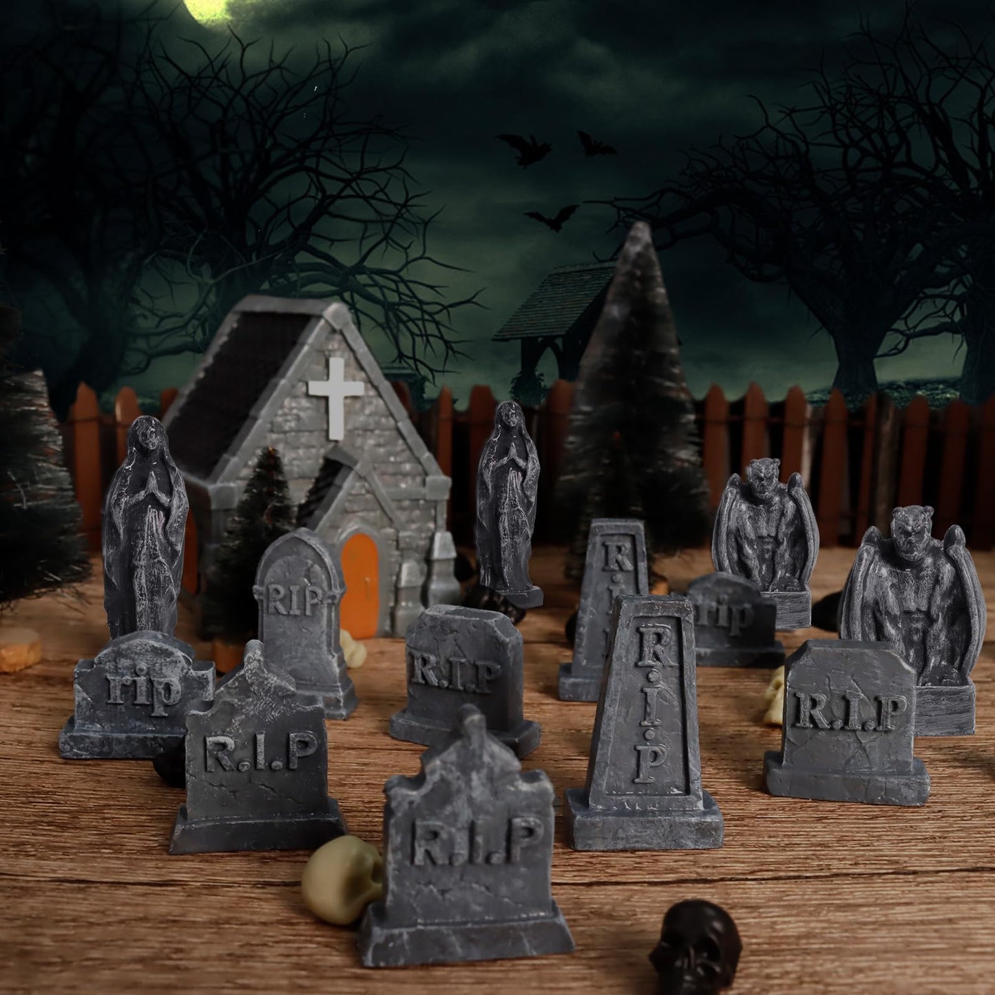 Rileryan 15 PCS Miniature Church Tombstones Gargoyle Virgin Figurines DIY Graveyard Scenes for Halloween Village Decorations Accessories Cemetery Terrain Scenery