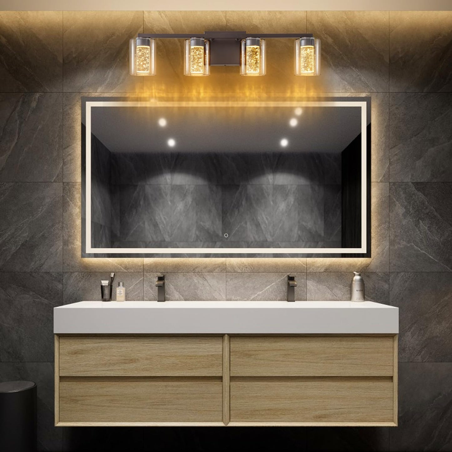 SineRise 4-Light Bronze Vanity Light with 3 Color Modes (3000K/4000K/6000K), Eye Protection LED Bathroom Light Fixture, Dimmable Modern Wall Light Over Mirror with Clear Glass Shade