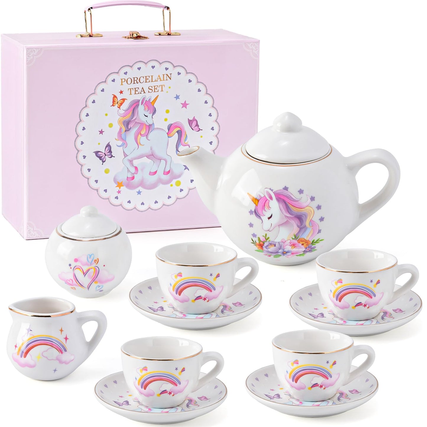 Tacobear Porcelain Tea Set for Girls Toys Unicorn Gift, 13pcs Tea Party Set with Teapot & Cup & Saucer & Suitcase, Kid Kitchen Pretend Playset Birthday Unicorn Toys for Girls 3 4 5 6-8