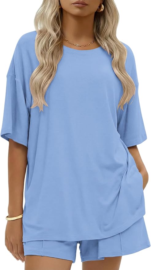 Ekouaer Womens 100% Cotton 2 Pieces Short Sets Summer Short Sleeve Outfits Casual Maching Lounge Set with Pockets