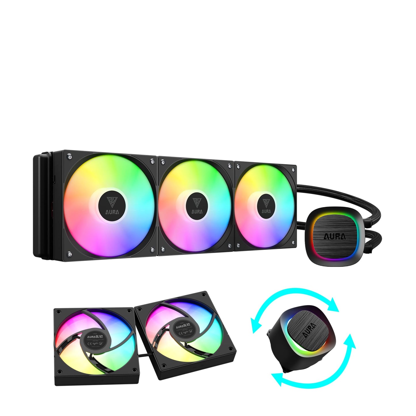 Gamdias Aura Glv2 360Mm Aio Liquid Cpu Cooler, Rotatable Performance 10-Pole Pump, 3 X 120Mm Daisy-Chained Hidden Cable Fans, Lo