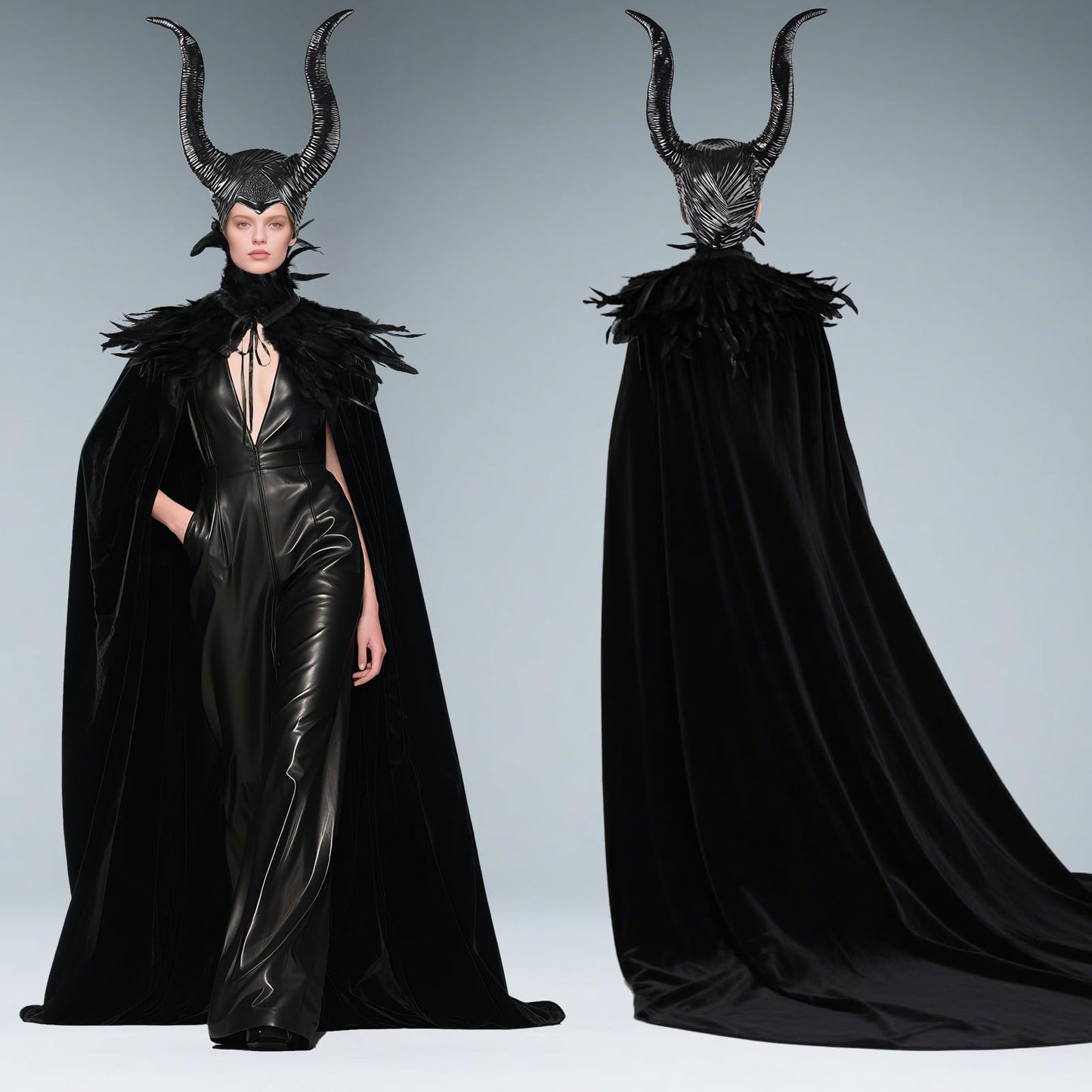 MAOFENG Women's Gothic Evil Queen Costume Demon Horns with Black Feather Collar Velvet Cloak Set for Halloween Cosplay Party