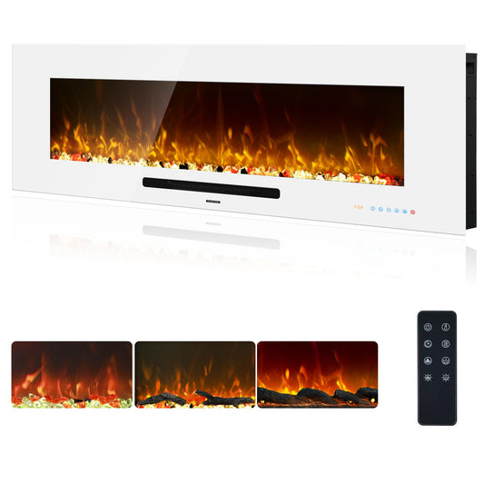 Oxhark Flame 50 inch Electric Fireplace, Recessed & Wall Mounted Fireplace Heater with Remote Control and 750/1500W Thermostat, Multicolor Flame Combinations, Logs & Crystal, White