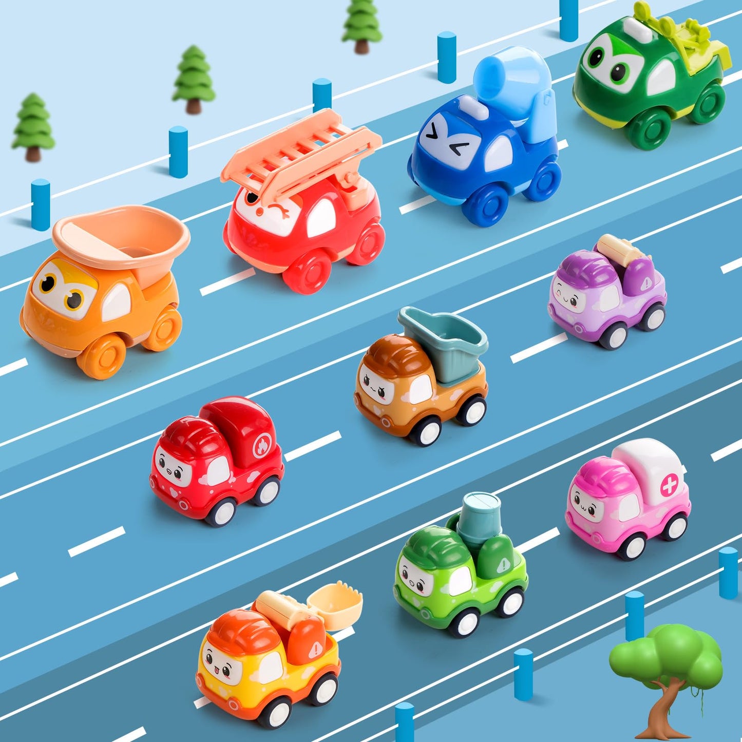 Lemofix Toy Cars for 1 Year Old: 10 Pack Cute Vehicle with Playmat for 1 2 Year Old Boy Birthday Gift - Baby Toys 12-18 Months