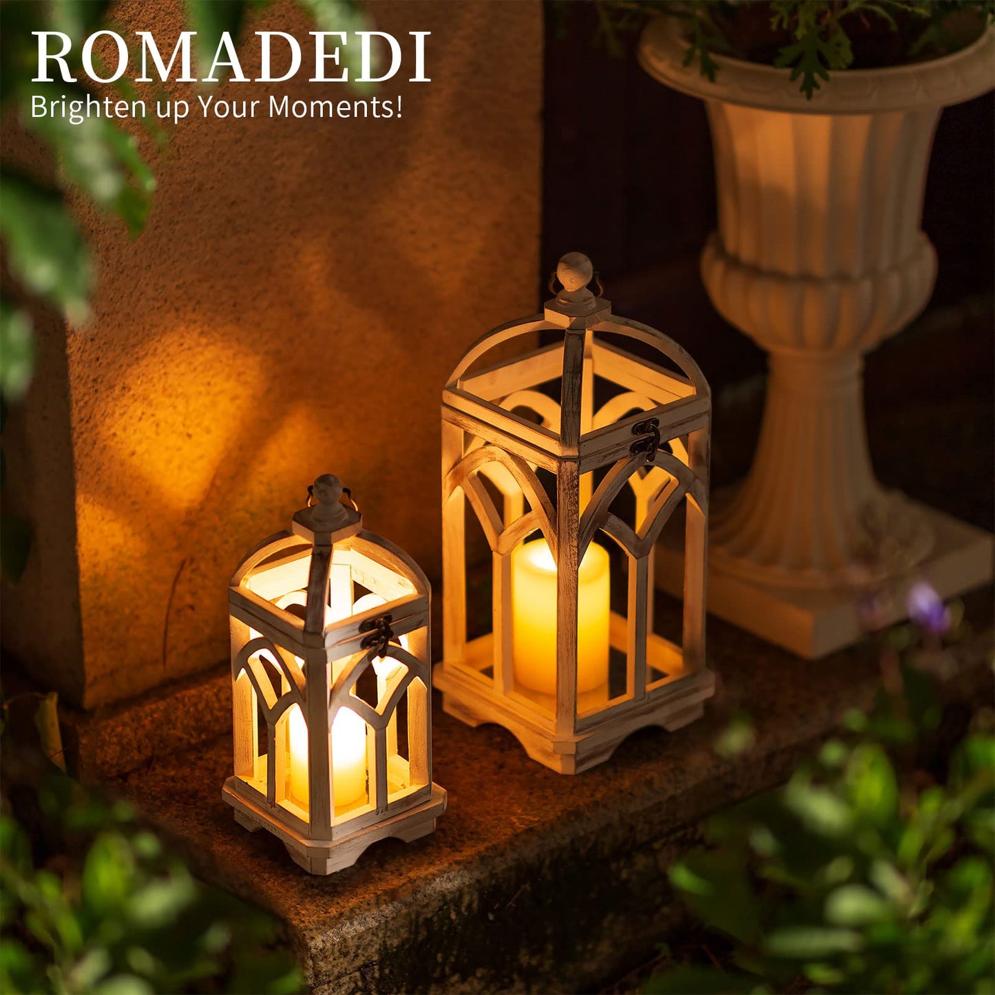 Romadedi Decorative Candle Lantern Wood - Rustic Wooden Lantern for Farmhouse Home Living Room Shelf Patio Table Decoration Christmas Holloween Wedding Party Table Centerpiece, Washedwhite