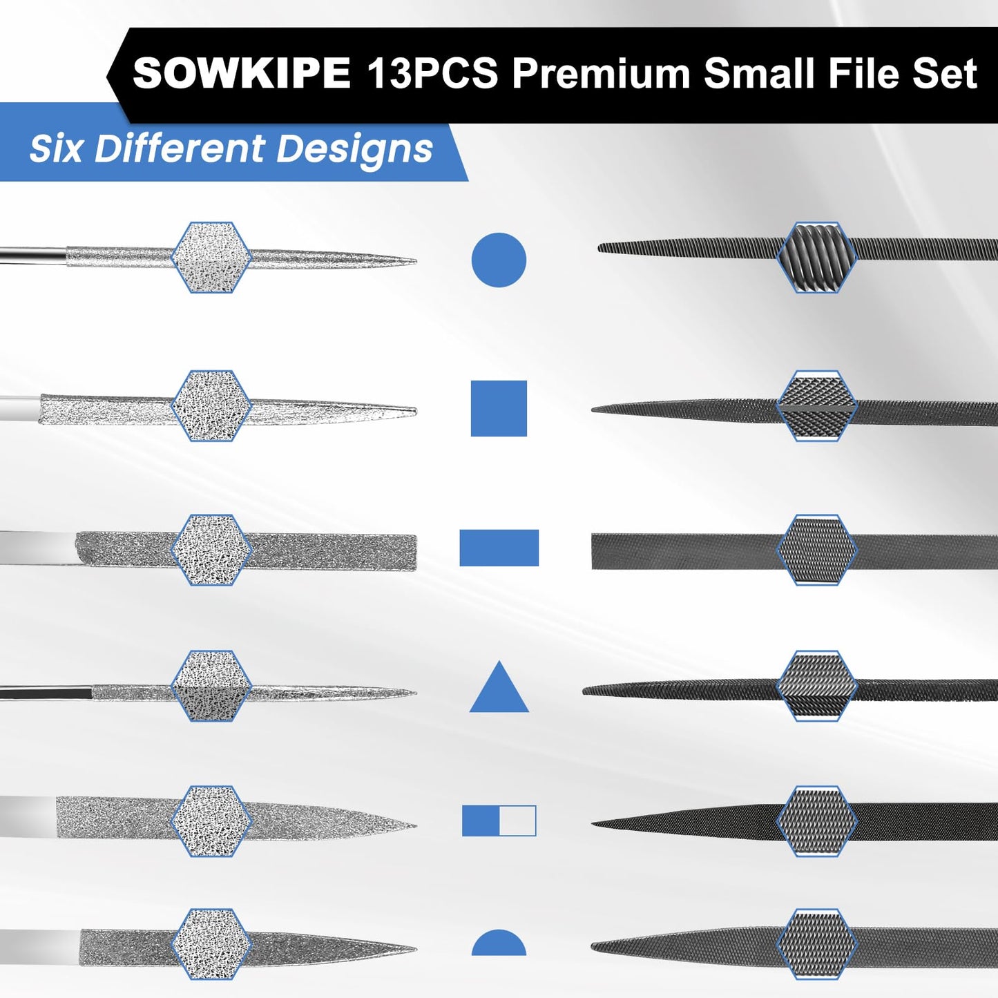 SOWKIPE 13Pcs Premium Small File Set, 6 Diamond Files, 6 Steel Files, Cleaning Brush & Carrying Case for Wood, Plastic, Jewelry, Leather, DIY
