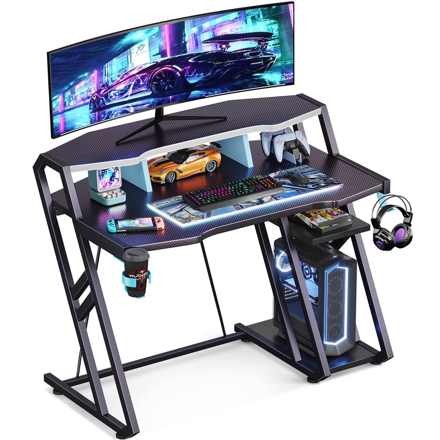MOTPK Gaming Desk with Storage Shelf 39 inch, Computer Desk with Monitor Shelf, Gaming Table with Carbon Fiber Surface, Gamer Desk with Cup Holder & Headphone Hook, Gift for Boys Men, Black