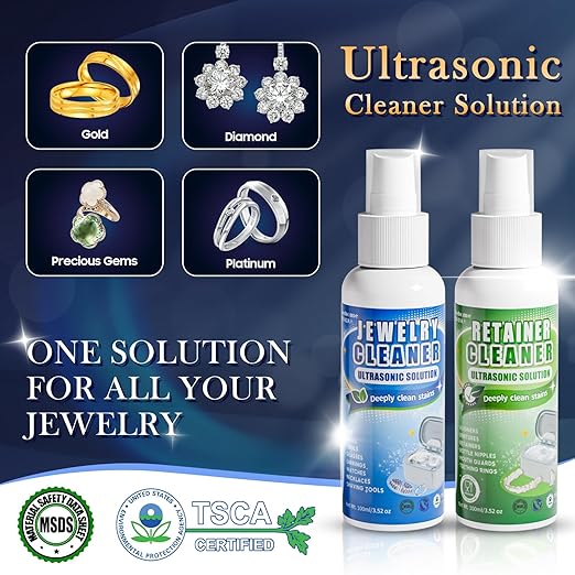 Ultrasonic Jewelry Cleaner Set with Basket/Holder - 45KHz 550ML w/Lights, 3 Powers 5 Timers & Degas Mode, 7oz Ultrasonic Cleaner Solution for Retainer, Rings, Eyeglasses, Dentures, Watches, Coins