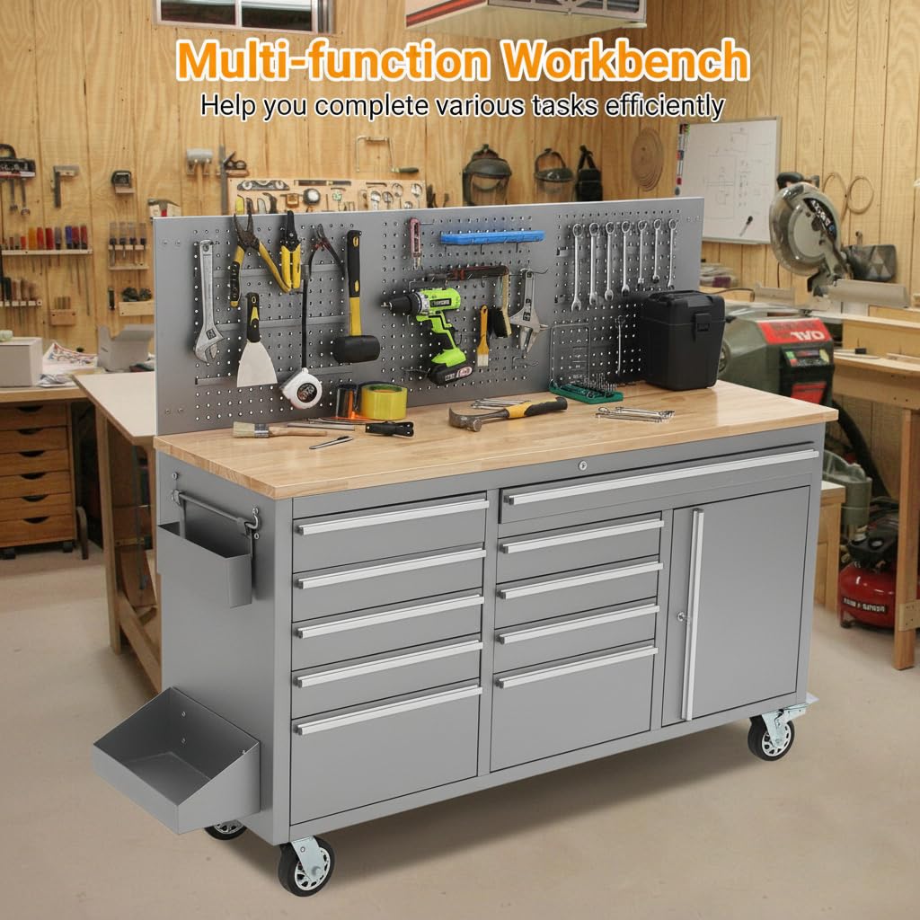 IDEALHOUSE 61-inch Rolling Tool Chest, 10 Drawers Garage Workbench Storage Tool Cabinet with Power Strip, Solid Rubber Wood Top, 1675 LBS Load Mobile Workstation, Heavy Duty Rolling Cabinet, Silver