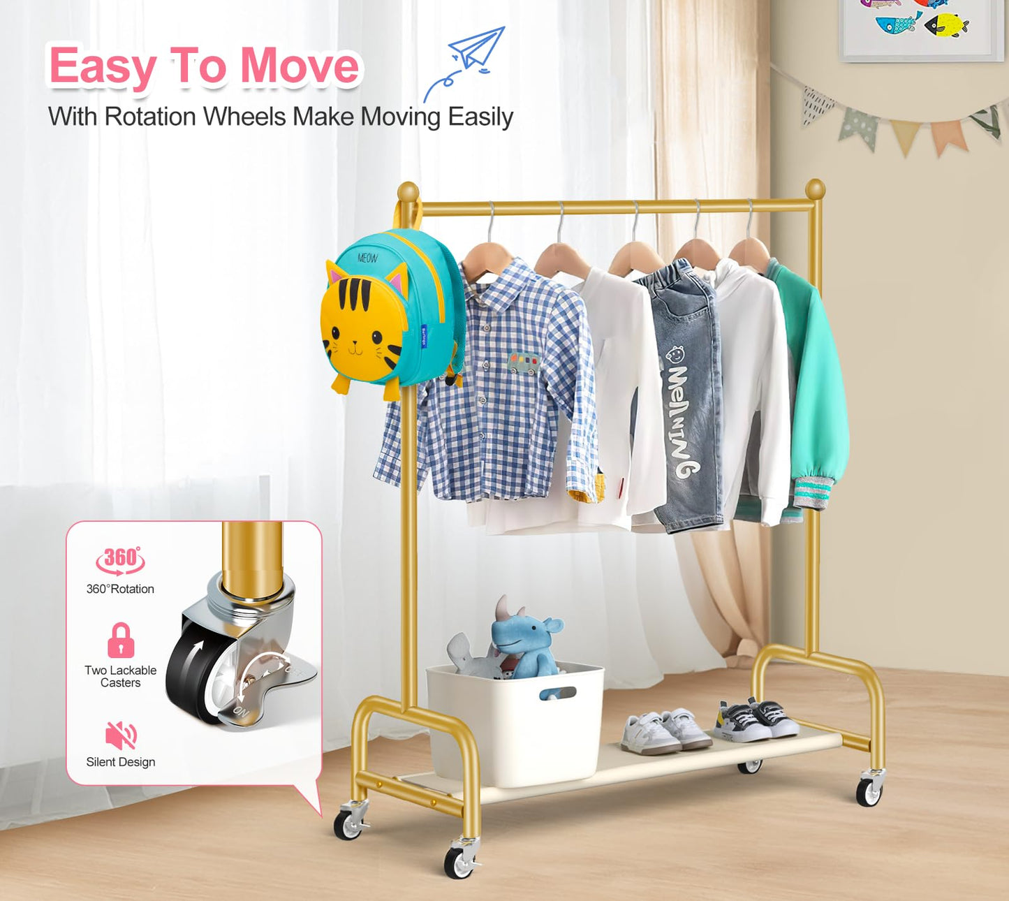 SLEEPING LAMB Kids Dress Up Rack with Wheels, Metal Small Kids Clothing Rack for Hanging Clothes with Bottom Shelf, Baby Dress Up Storage Wardrobe for Little Girls,Toddler, Gold