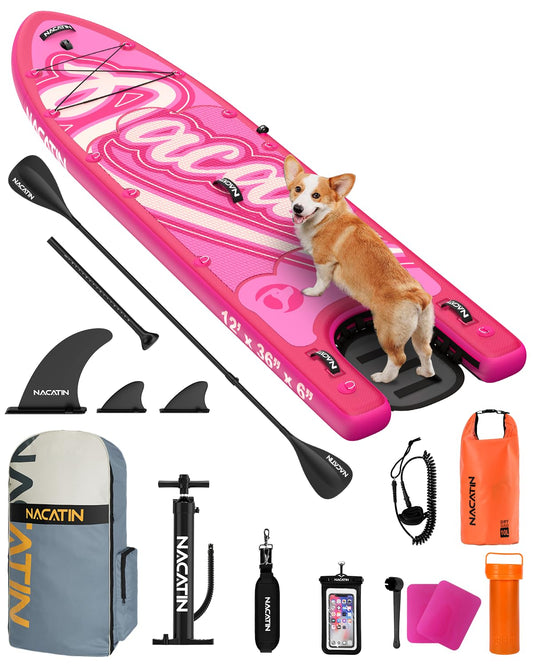 NACATIN Inflatable Stand Up Paddle Board - Premium SUP Board with Dog Ramp Kit,Complete SUP Set Paddle Boards for Adults with Single/Double Paddle, Backpack, Suitable for Paddle Boarding with Dog