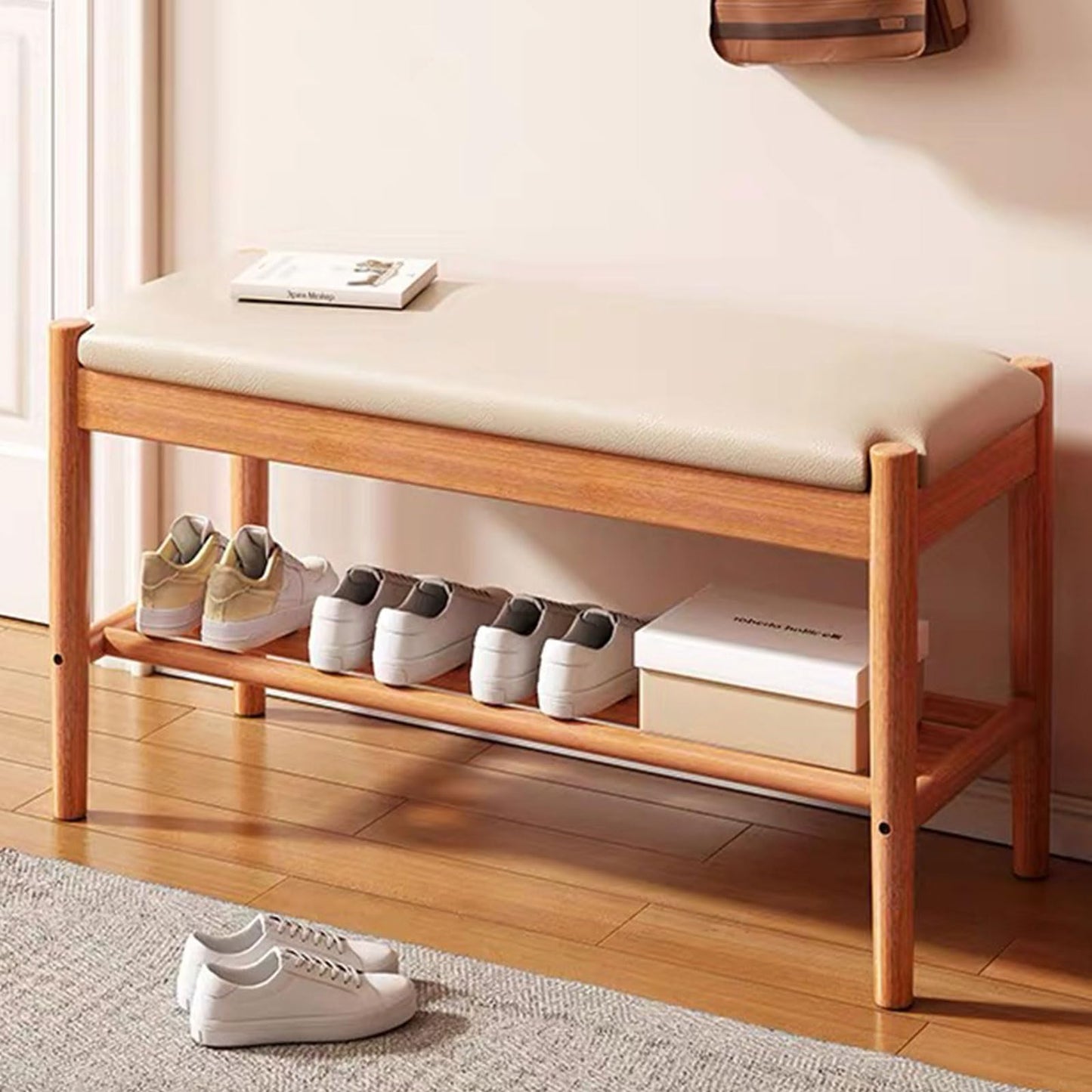 Buzleer Solid Wood Shoe Bench with Cushion, 2-Tier Shoe Rack for Front Door Entrance, Enterway Benches with Shoe Storage (Natural, 39.4in)