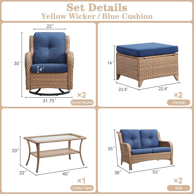 Belord Wicker Outdoor Furniture Patio Furniture Set - 6 Piece Patio Conversation Set with Swivel Rocker Chairs, Loveseat Sofa, Ottomans and Coffee Table, Blue Cushion