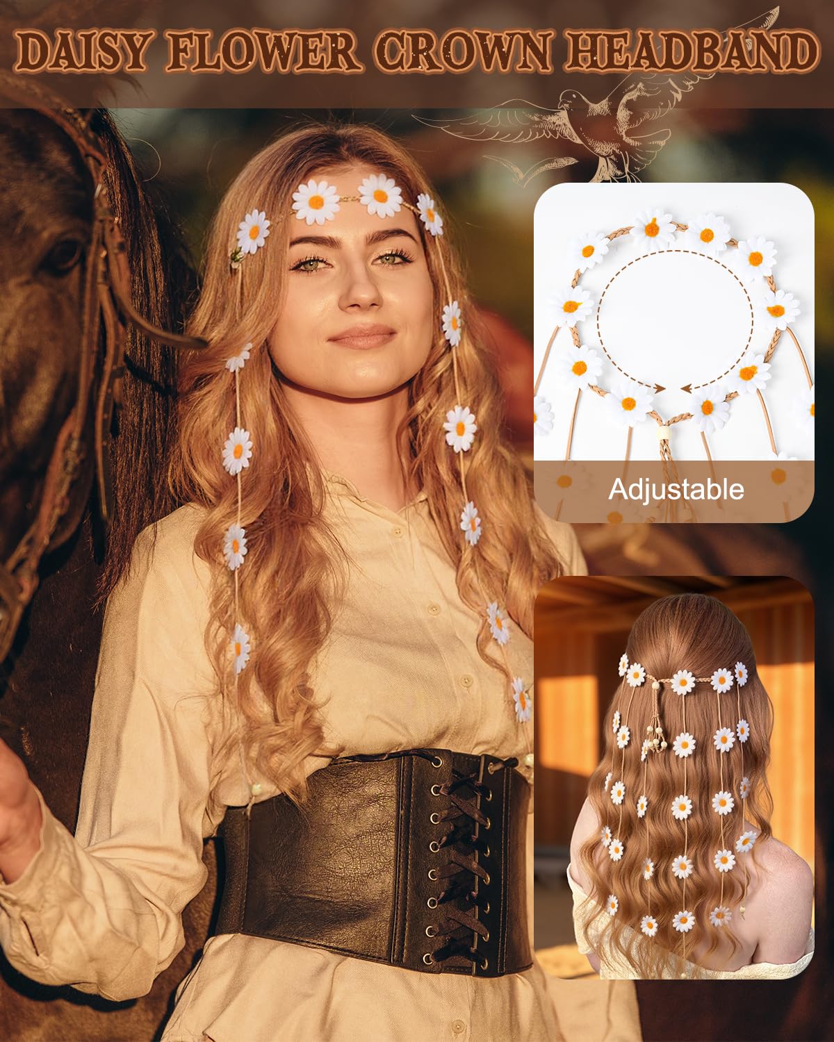 CEELGON 60s 70s Outfits Hippie Clothes for Women Disco Suede Fringe Vest Western Shirts Accessories Woman Cowgirl 1970 Style Decades Day Boho Costume Tops Flower Crowns (L)