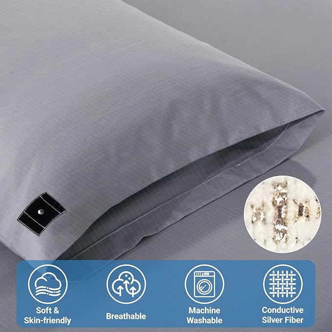 Grounding Pillowcase with Grounding Cord, Grounding Pillowcase Queen Contains Silver Fibers, Conductive Cotton Grounding Pillow Case, Improve Sleep, Relieve Pain (20x30IN, Grey)