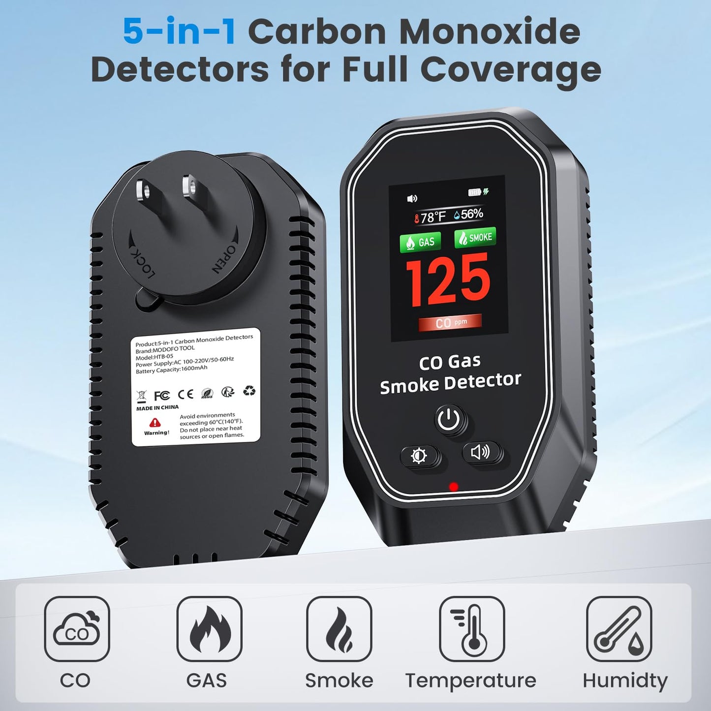 6-in-1 Portable Carbon Monoxide Detectors Plug in, MODOFO TOOL Smoke and Carbon Monoxide Detector with Built-in Battery, Natural Gas Leak Detector, HD Display for CO, Gas, Smoke, Temp, Humidity Black