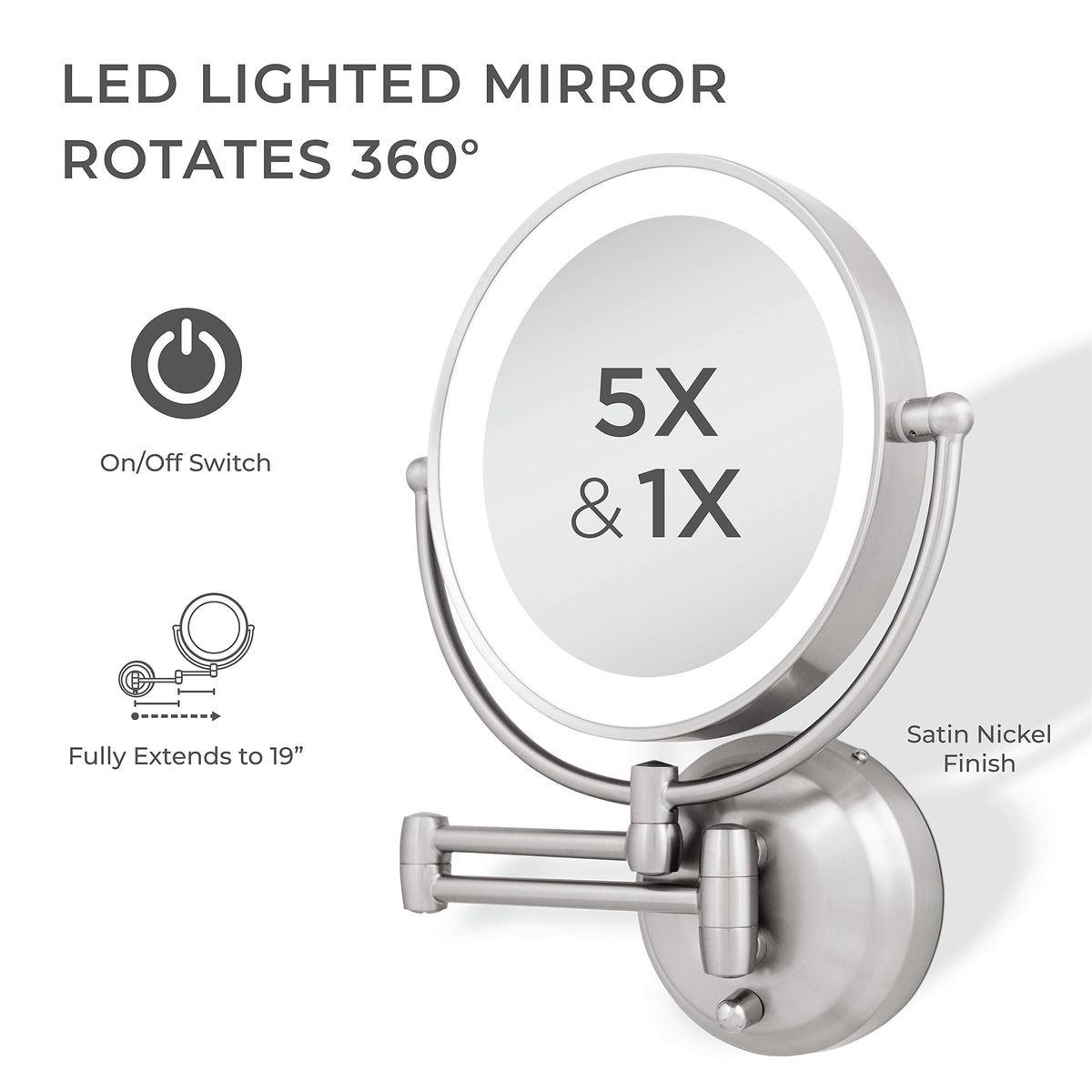 Zadro 11 LED Wall Mounted Makeup Mirror 5X/1X Shaving Mirror Plug in or Battery Operated Vanity Mirrors for Wall (Large | 5X/1X