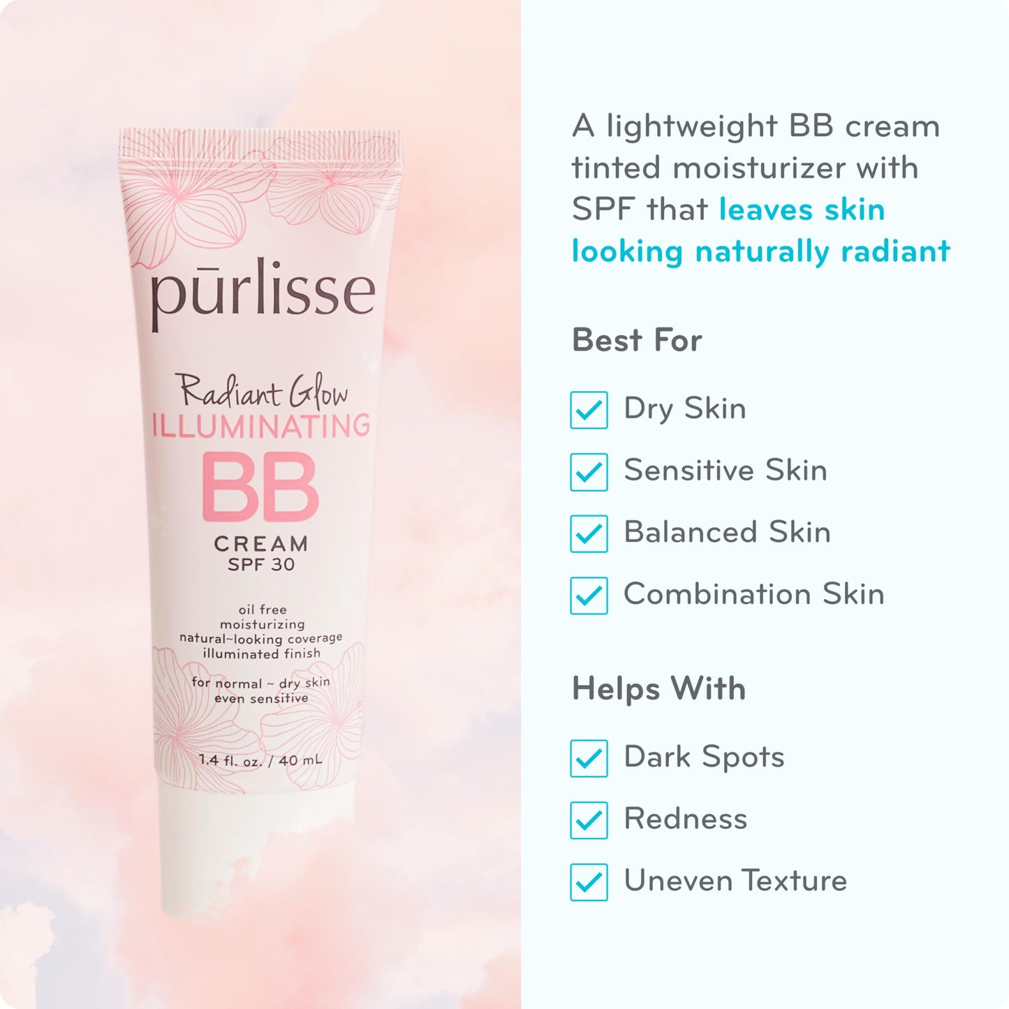 purlisse Radiant Glow Illuminating BB Cream with SPF 30 - Glow BB Cream Enriched with Goji & Hawthorn Berry for Dewy Skin - Help
