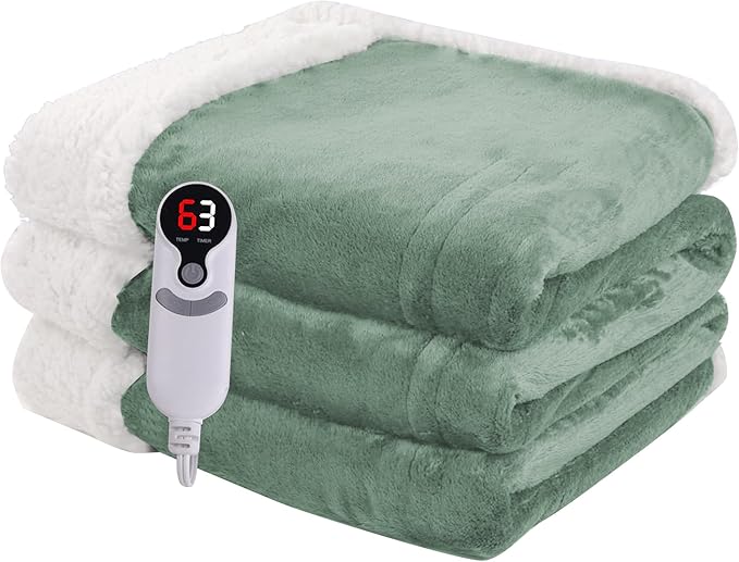 Heated Blanket Electric Throw Size 50''x60'' with 9 Heating Levels, 3 Hour Auto Shut Off, Machine Washable, Flannel & Sherpa Double-Sided Soft Warming Blanket for Couch, Bed, Office - Light Green