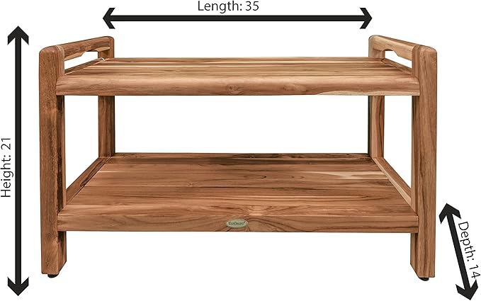 EcoDecors Eleganto 34 Inch Natural Color Waterproof Teak Wood Shower Bench Stool Seat Chair For Inside Shower Provides Safety, Storage, and Organization For Bathroom Accessories