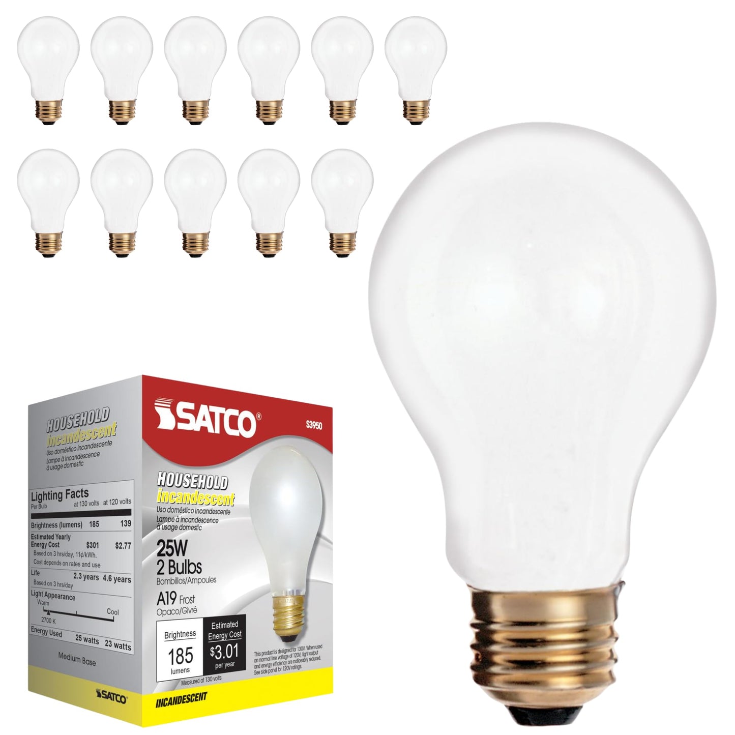 Satco S3950 A19 Incandescent Bulb, 25W, 130V, Frosted Finish, 180 Lumens, Medium E26 Base, Dimmable, 2700K Warm White, 2,500 Hour Lifespan (12 Bulbs)